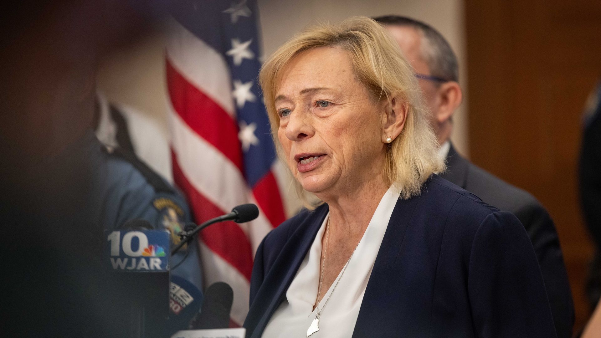 Maine Governor Janet Mills speaks during a press conference about the mass shooting on October 26, 2023 in Lewiston, Maine.