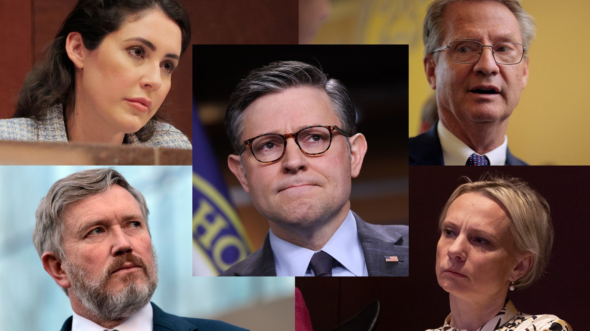Collage of five individuals: central man with glasses and suit, serious expression; top left woman with dark hair; top right man with glasses; bottom left man with gray hair and beard; bottom right blonde woman, all in formal attire.