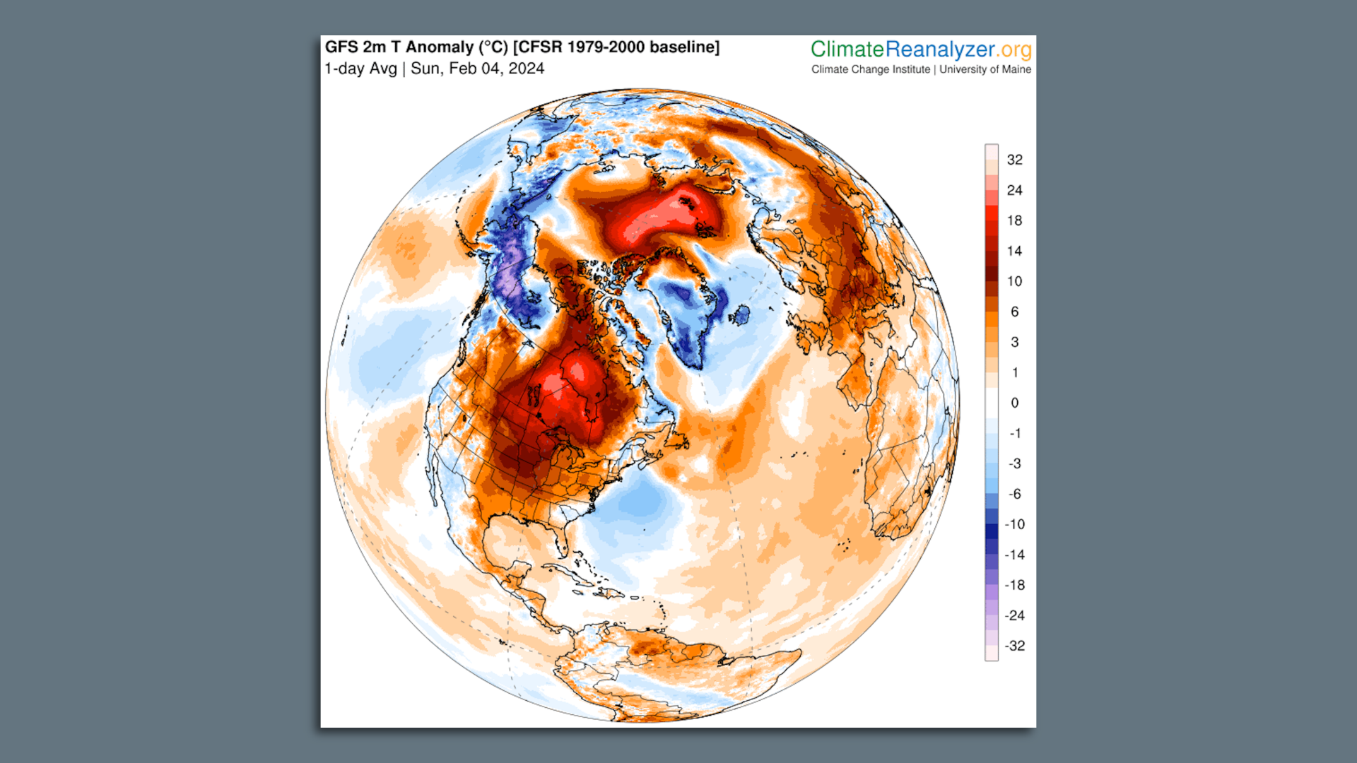 Map showing temperature anomalies for North America and the Arctic on Feb. 4, showing patterns present since mid-to-late January.