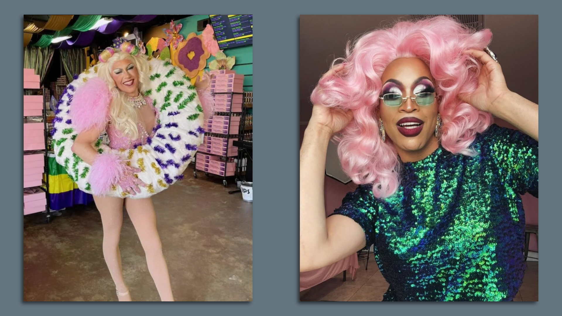 Photo shows two drag queens with fabulous hair and makeup.