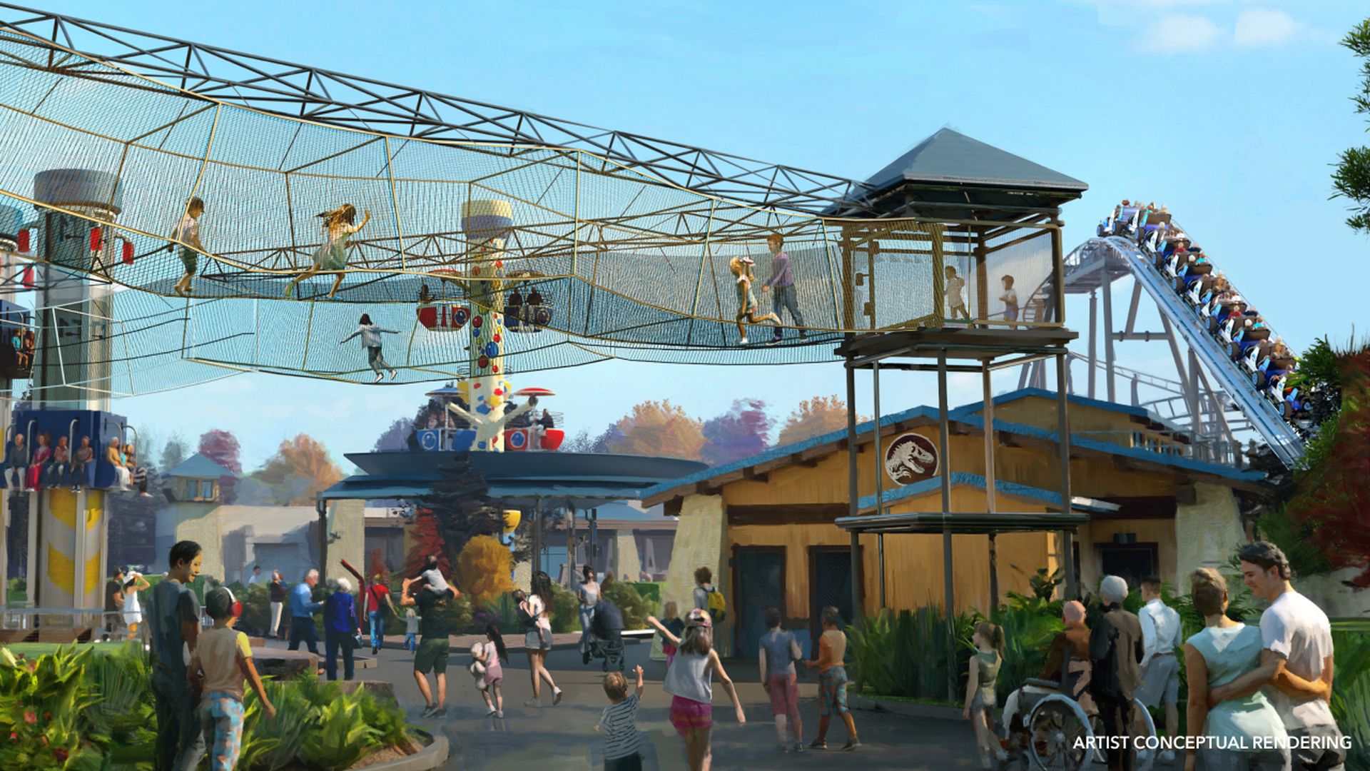 Conceptual rendering of a lively amusement park with families, a suspended netted walkway with kids, a roller coaster, carousel, and a building featuring a dinosaur logo under a clear blue sky.