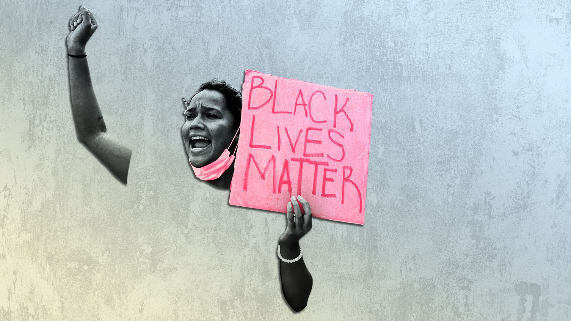 Photo illustration of a protester holding a sign that says, "Black Lives Matter."