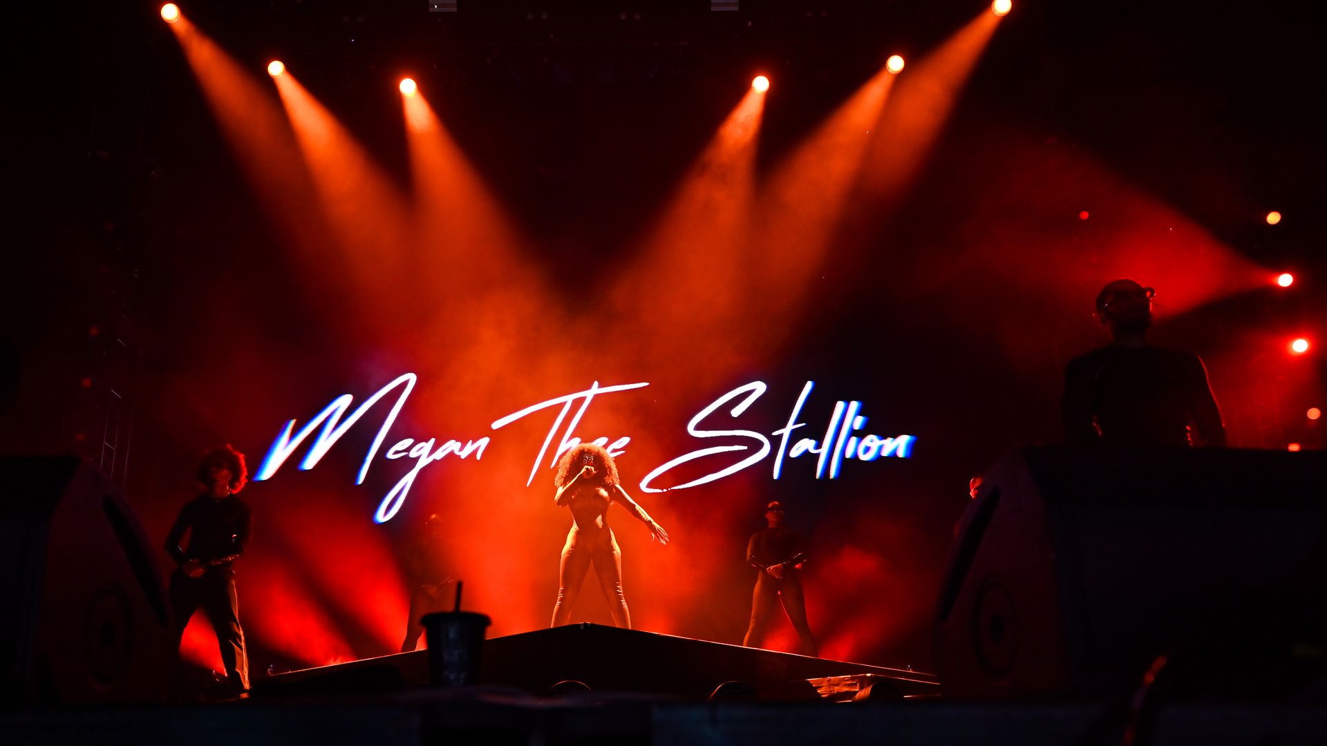 Photo of a woman in performing with the text Megan Thee Stallion in the background. 