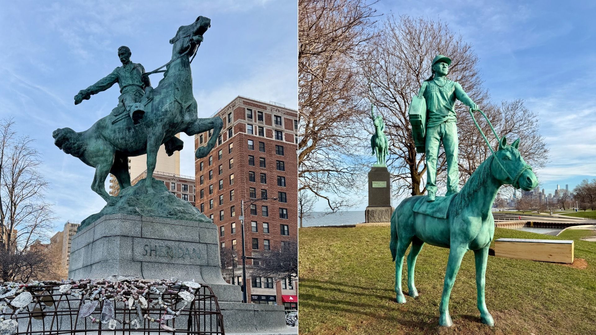 Two green bronze equestrian statues: left, a rider on a rearing horse above a pedestal labeled "SHERIDAN" in a city; right, a man on a horse with gear in a lakeside park.