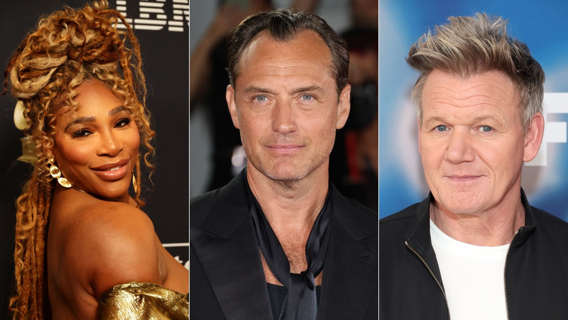 A collage of three individuals. On the left, a woman with blonde and brown curly hair styled in an updo, wearing large gold earrings and a gold dress, smiles at the camera. In the center, a man with short dark hair and blue eyes, wearing a black suit and black shirt, faces forward with a neutral exp