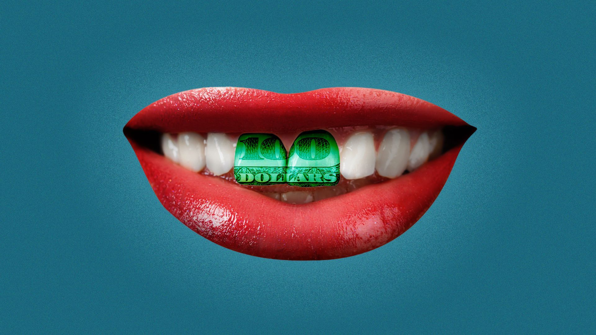 Illustration of a mouth with the two front teeth made out of money.