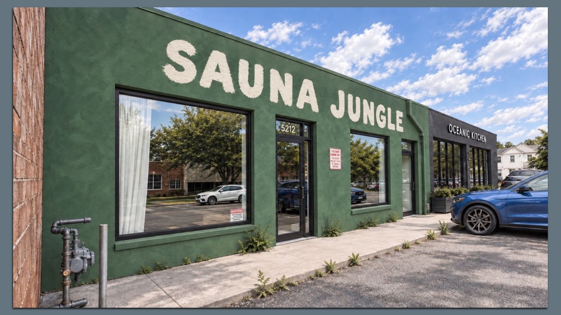Green storefront with a large white SAUNA JUNGLE sign, next to OCEANIC KITCHEN on a sunny day; blue car in the parking lot, brick wall on the left, and a sky with white clouds.