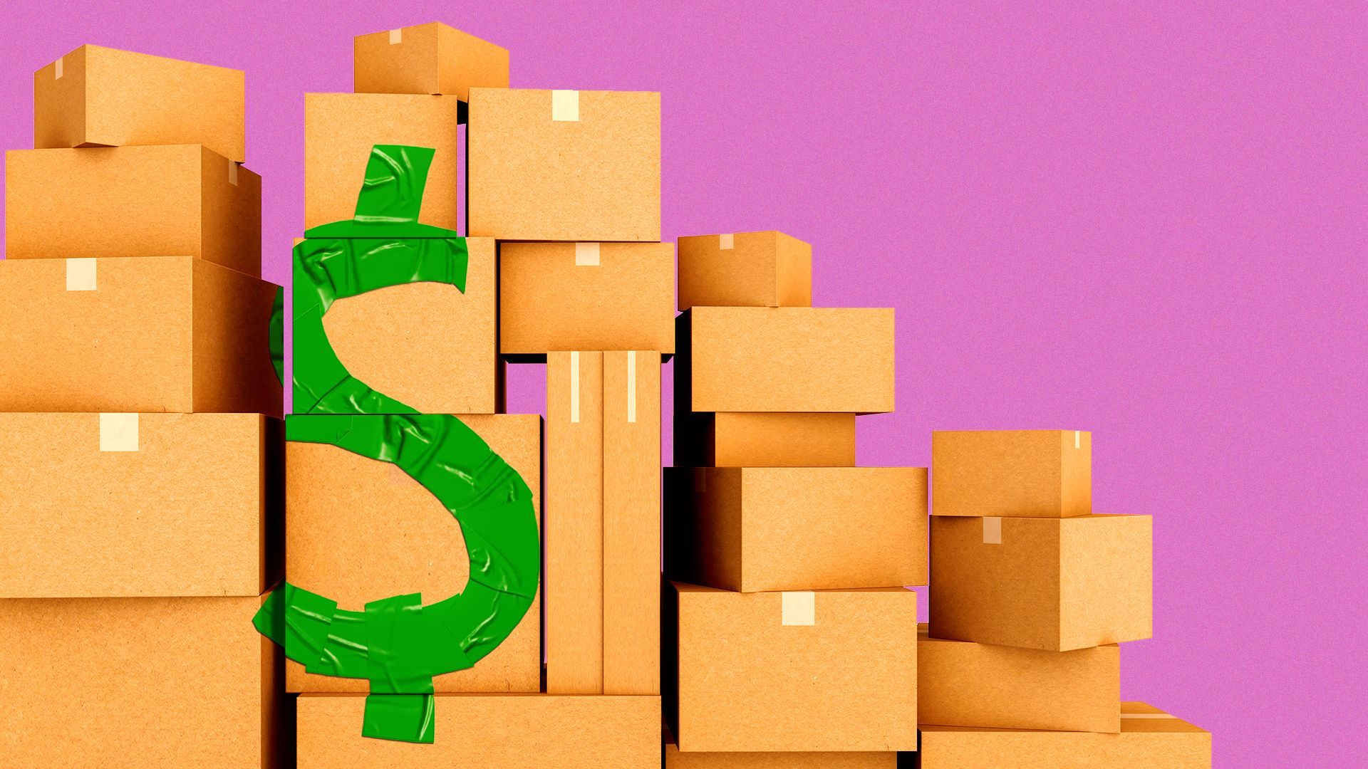 Illustration of green tape making the shape of a dollar sign on a stack of boxes.