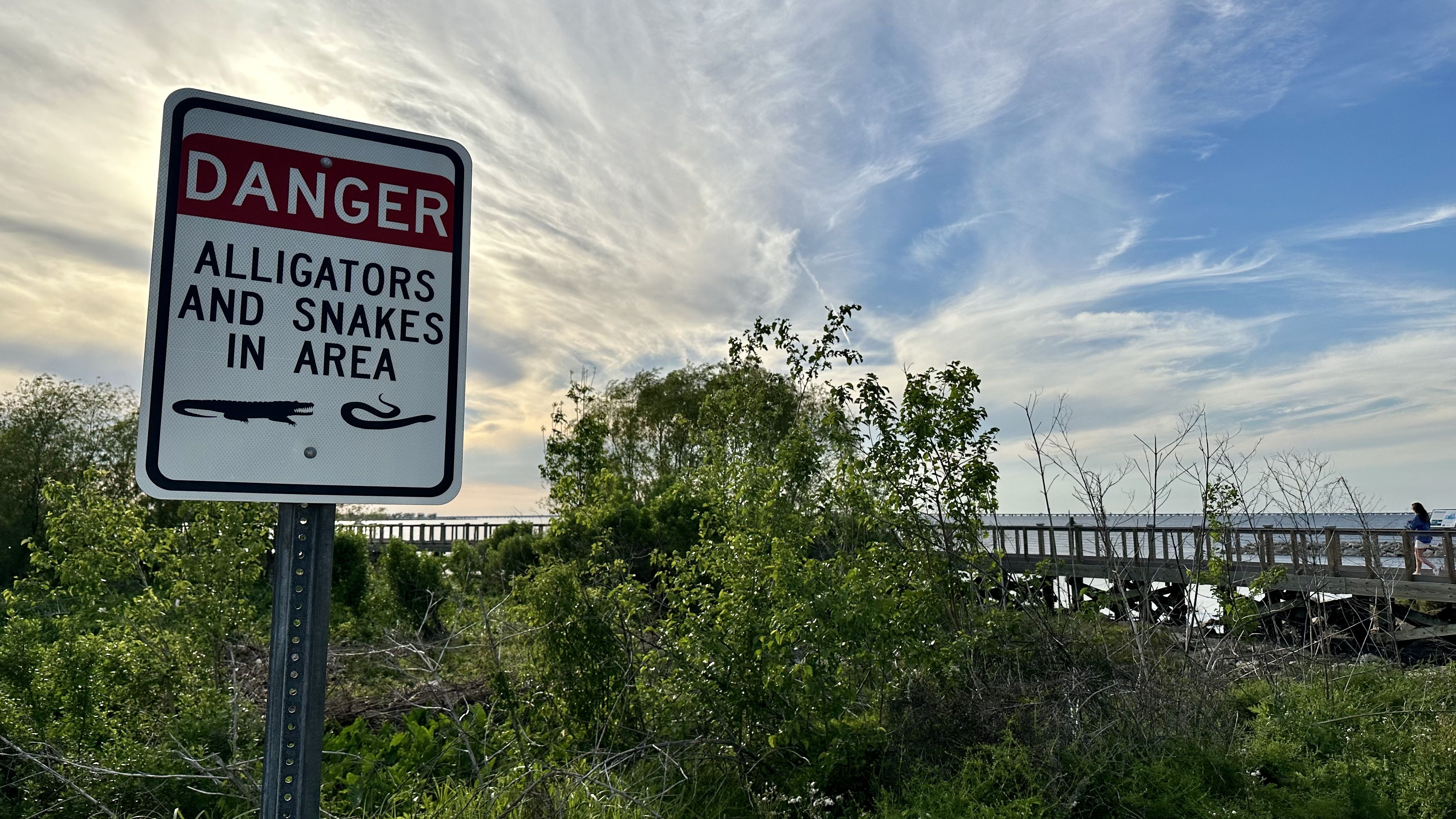 Photo shows a sign that says "Danger - alligators and snakes in area"