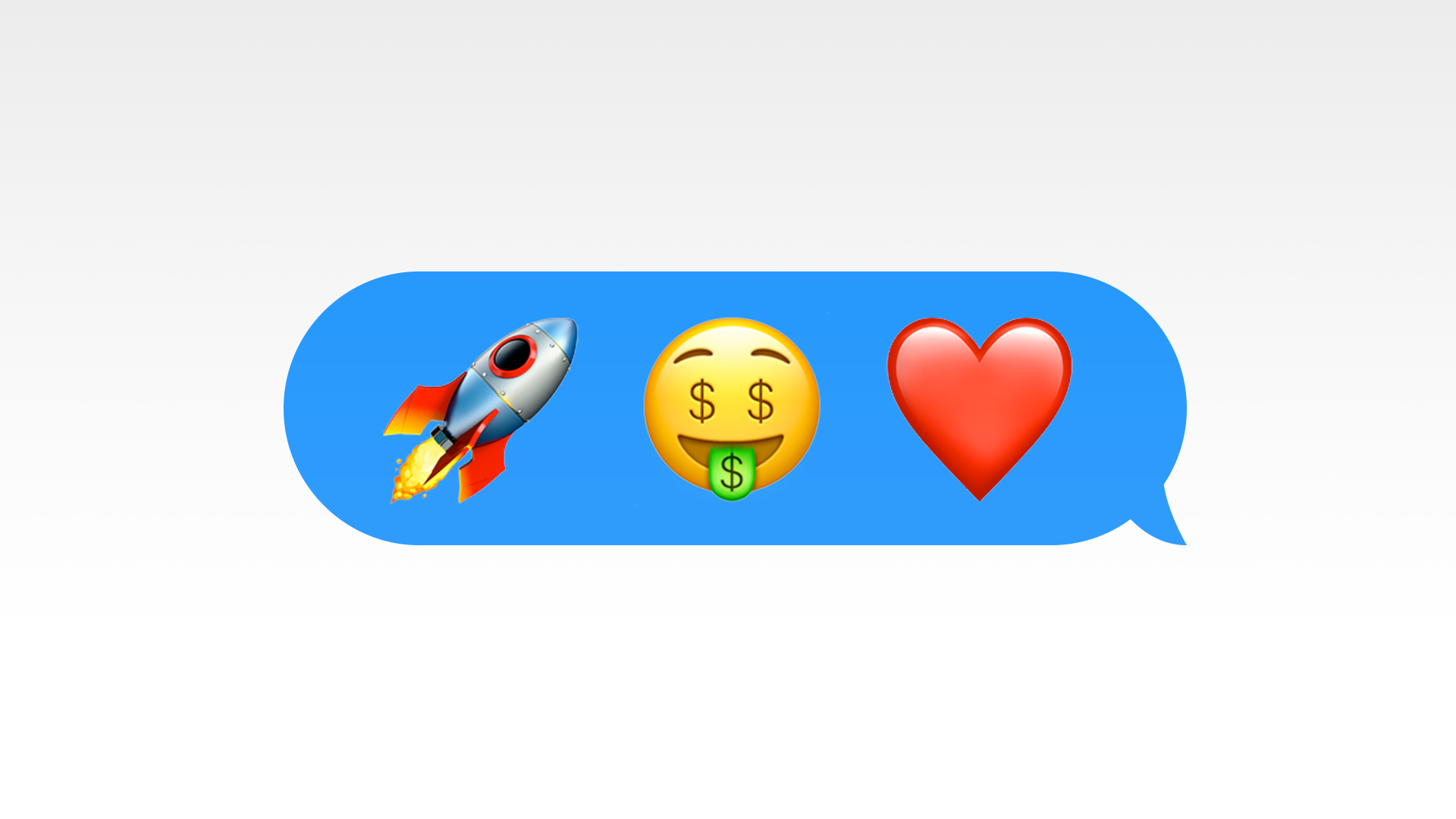 Illustration of a text message with a rocket emoji, a money-eye face emoji, and a heart emoji.