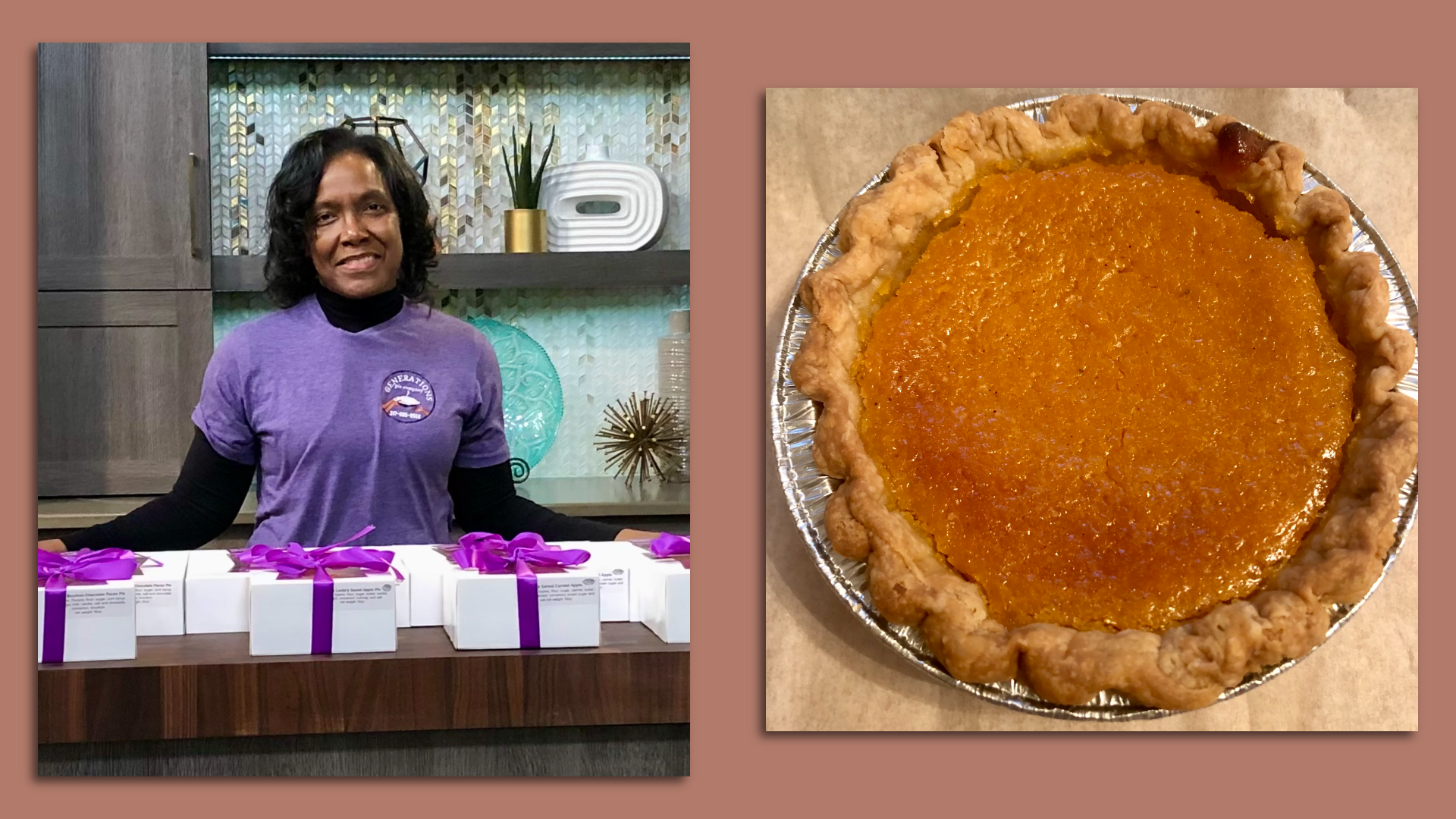 Maria Johnson of Generations Bakery and a sweet potato pie.