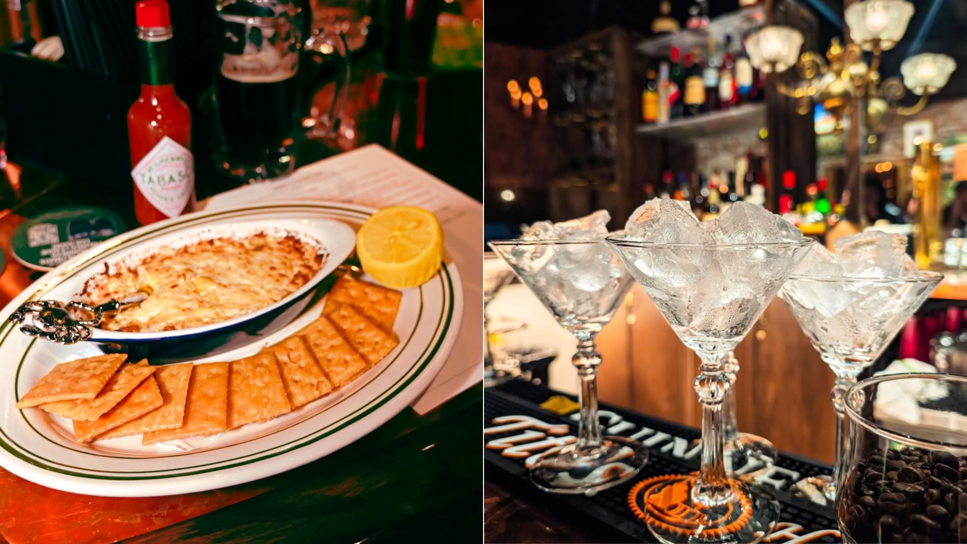 Split image: left shows a cheese dip with crackers, a lemon half, Tabasco sauce, and drinks on a wooden table; right shows three martini glasses filled with ice on a bar counter with bottles in background.
