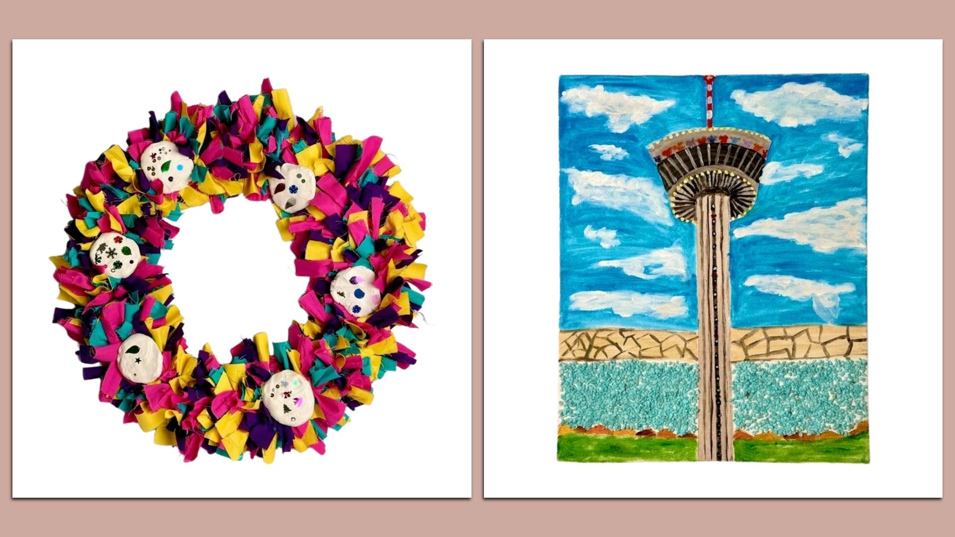 Two artworks: On left is a bright circular wreath of tissue paper with sugar-skull faces titled "Dia De Los Muertos Wreath" inspired by a visit to Muertos Fest. On right is a multi-media painting of the Tower of the Americas against a blue sky with clouds.