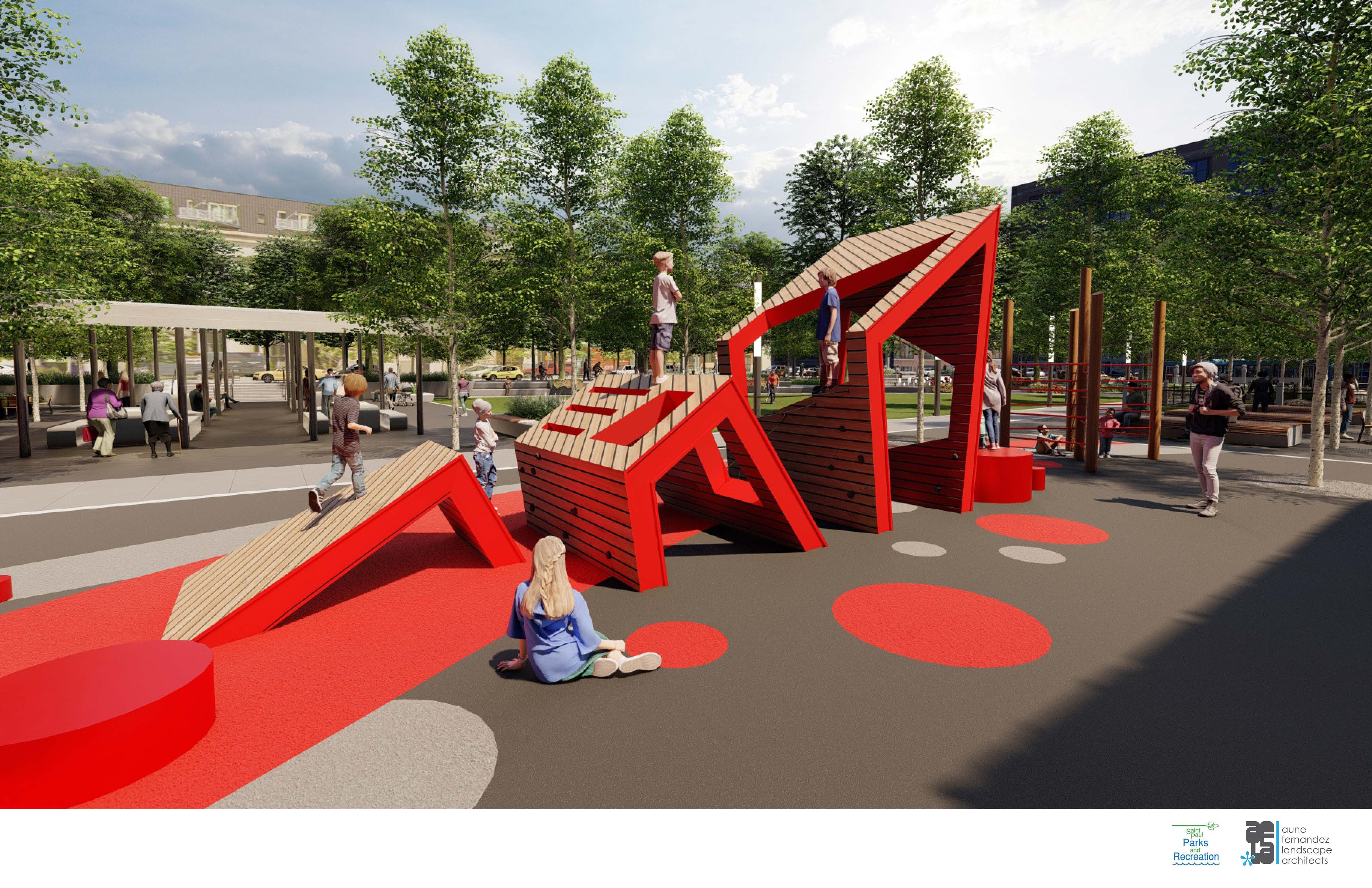 A rendering of a tall bright red play structure for children with people