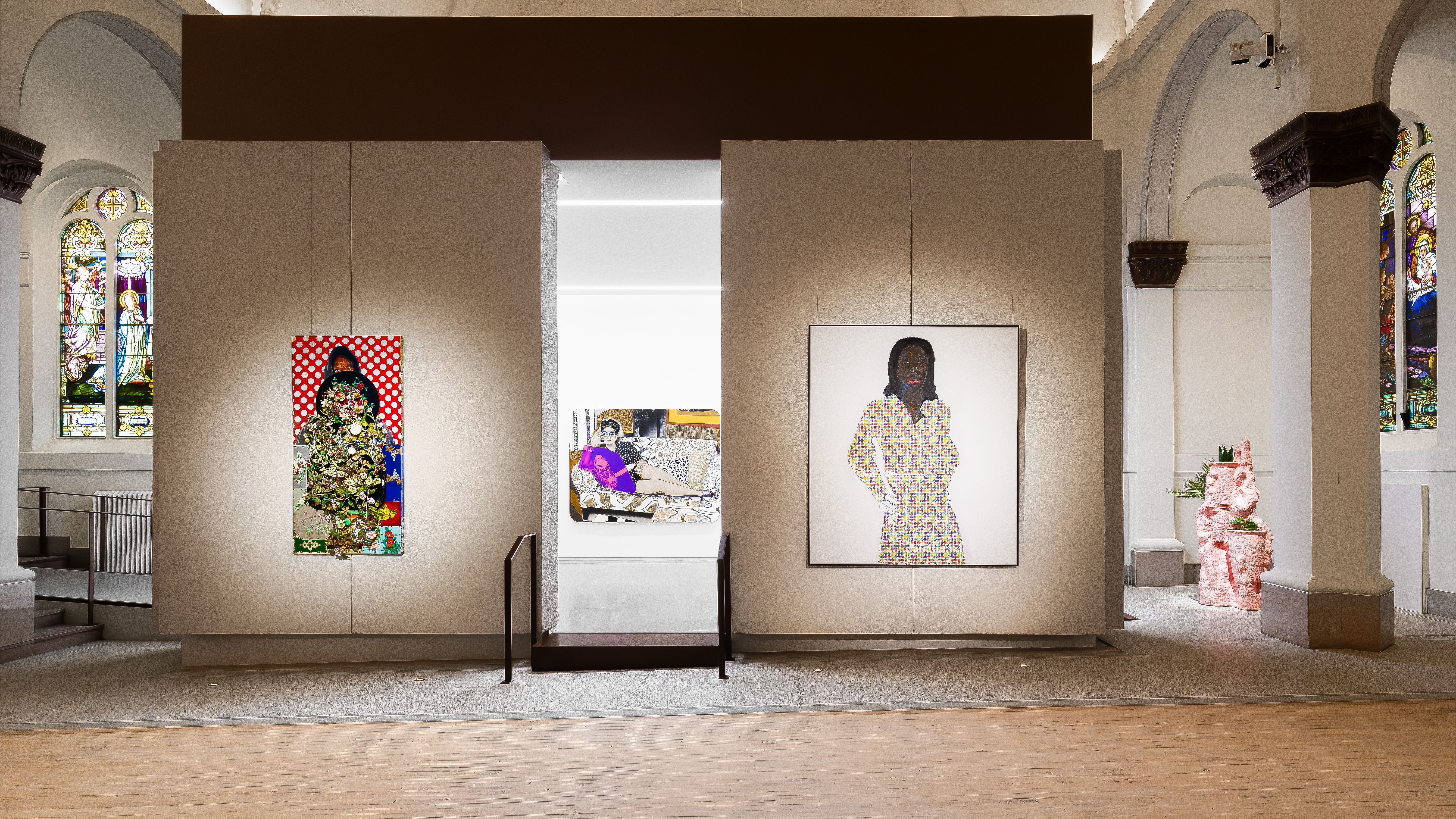 Pieces of art hung in a former church