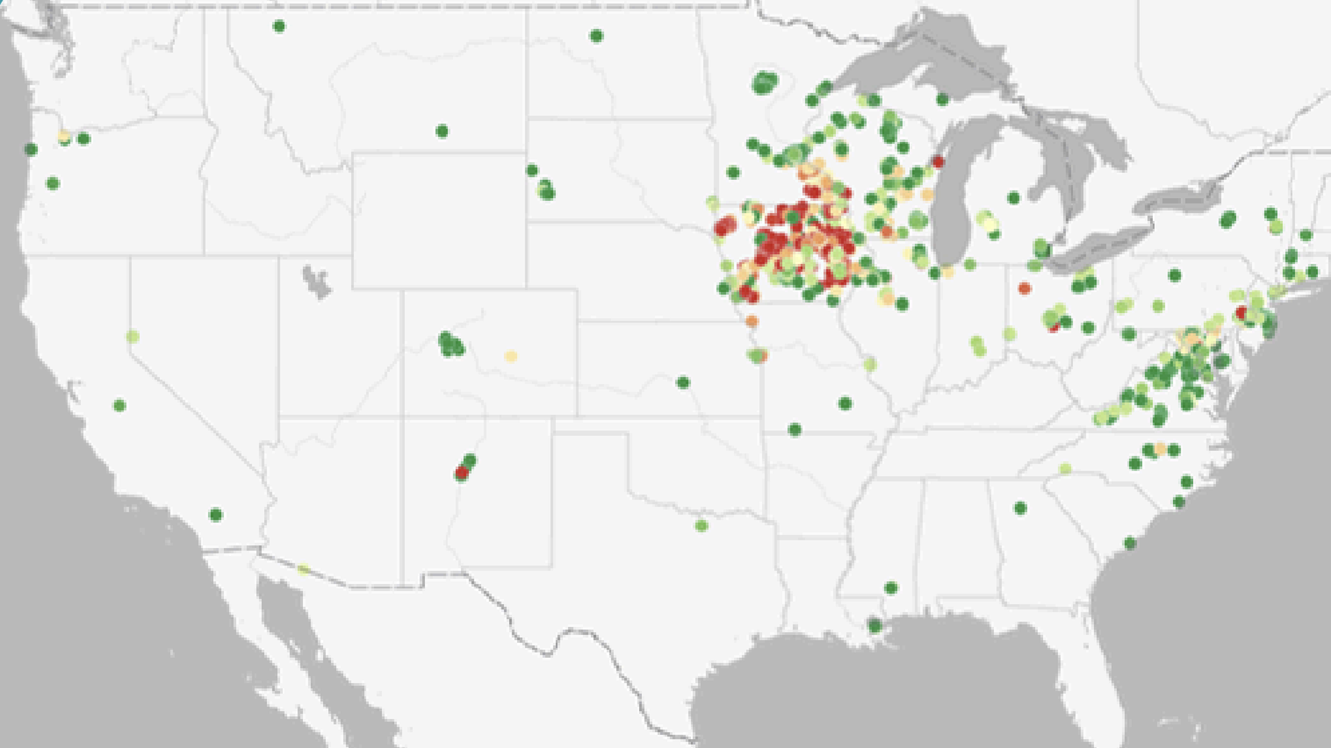 Map of the US showing a concentration of colored dots, primarily green, yellow, orange, and red, indicating varying data intensities, especially dense in the Midwest and some coasts.
