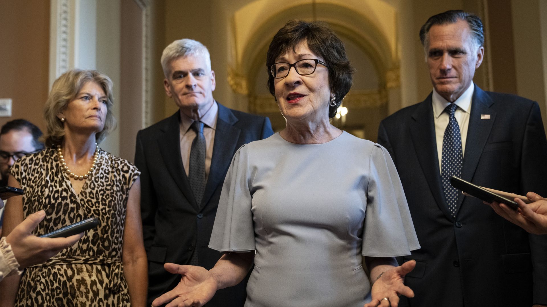 SSen. Lisa Murkowski (R-AK), Sen. Bill Cassidy (R-LA), Sen. Susan Collins (R-ME) and Sen. Mitt Romney (R-UT) speak to reporters after meeting 