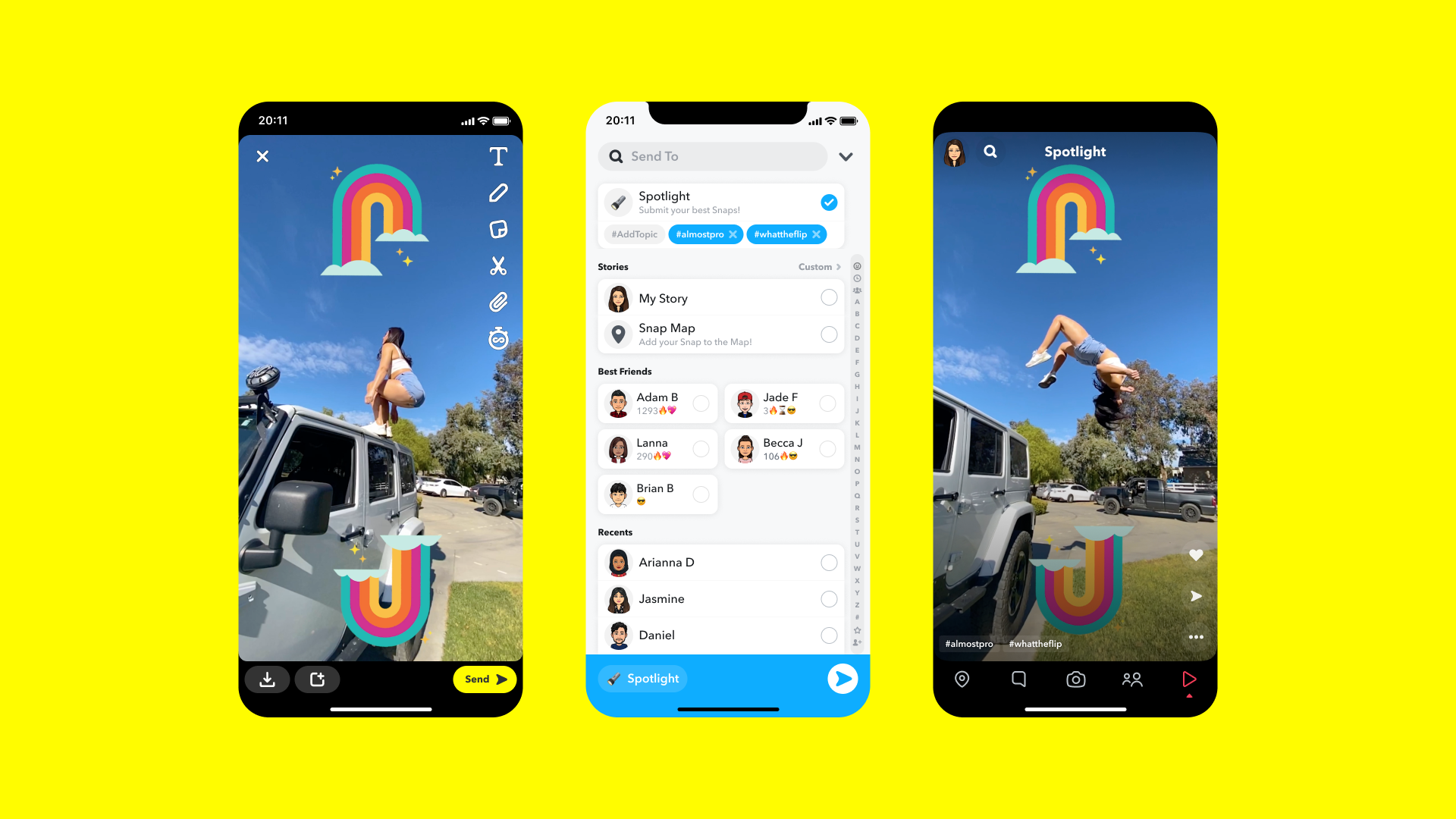 Screenshots of phones with videos and comments using Snapchat's Spotlight feature