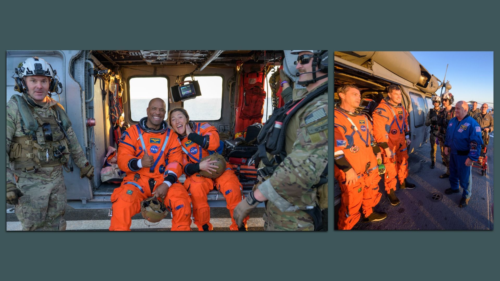 Side-by-side images show astronauts in bright orange flight suits interacting with military personnel: on the left, two astronauts sit smiling inside a helicopter doorway while crew members stand nearby; on the right, a group of astronauts and crew stand on a ship’s deck in conversation.