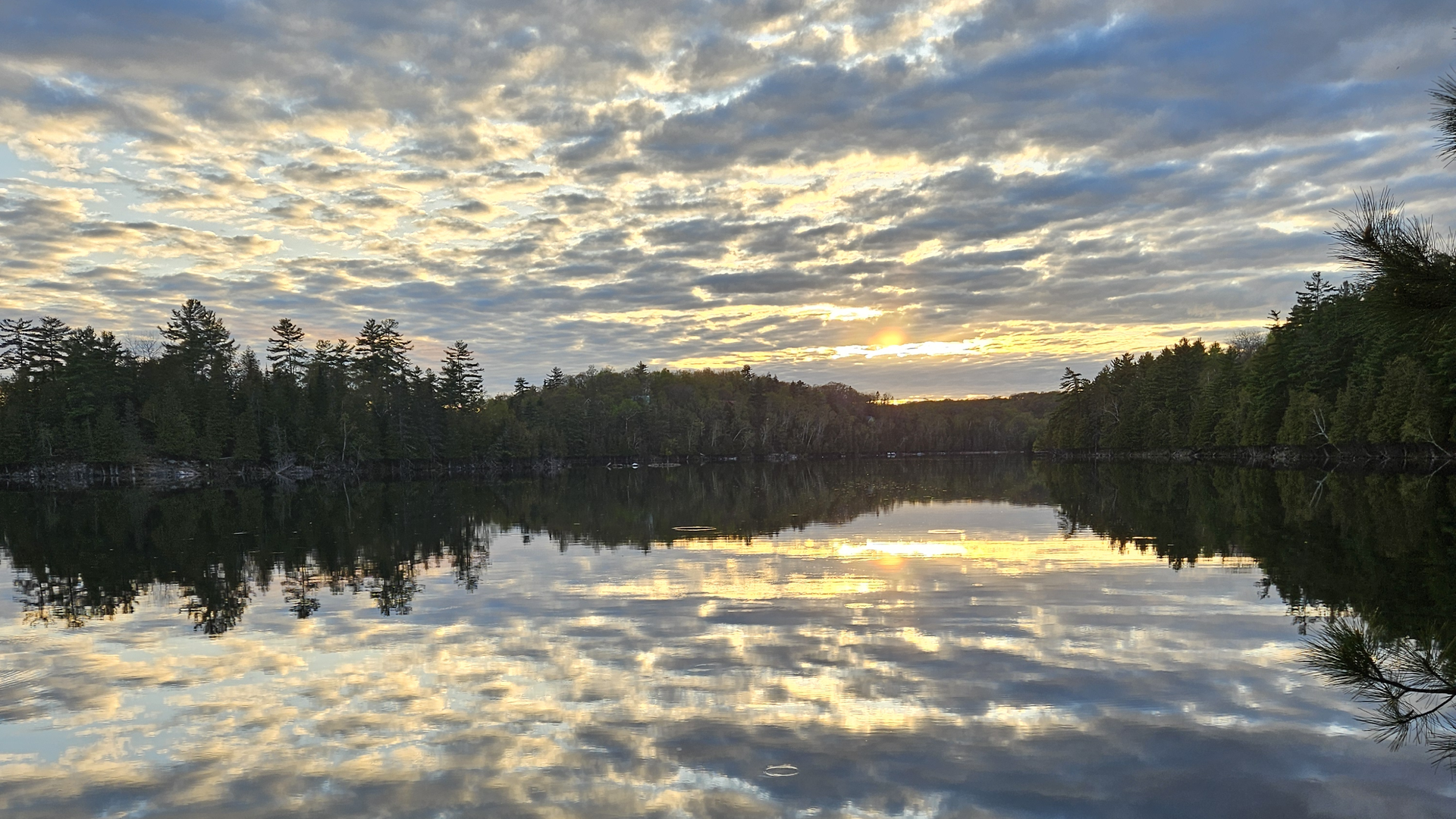 cloudy sunset is reflected in the water