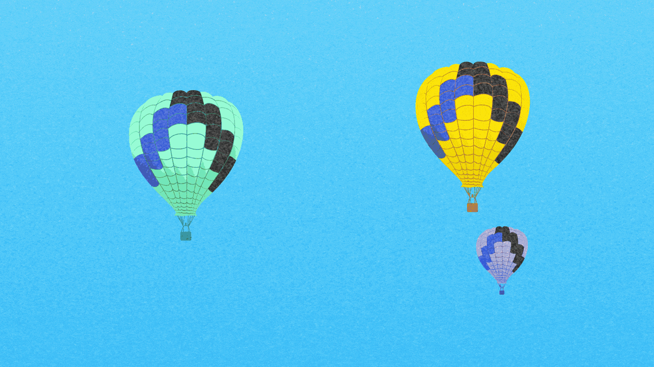 Animated illustration of several differently colored hot-air balloons with Axios logo designs on them passing from left to right.