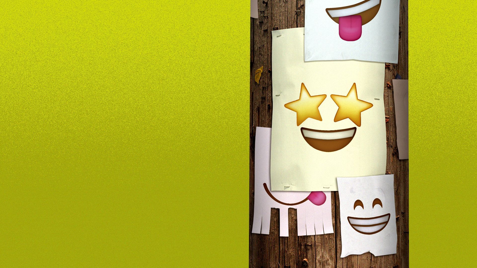 Illustration of posters and flyers with emojis on them, stapled to a telephone pole.
