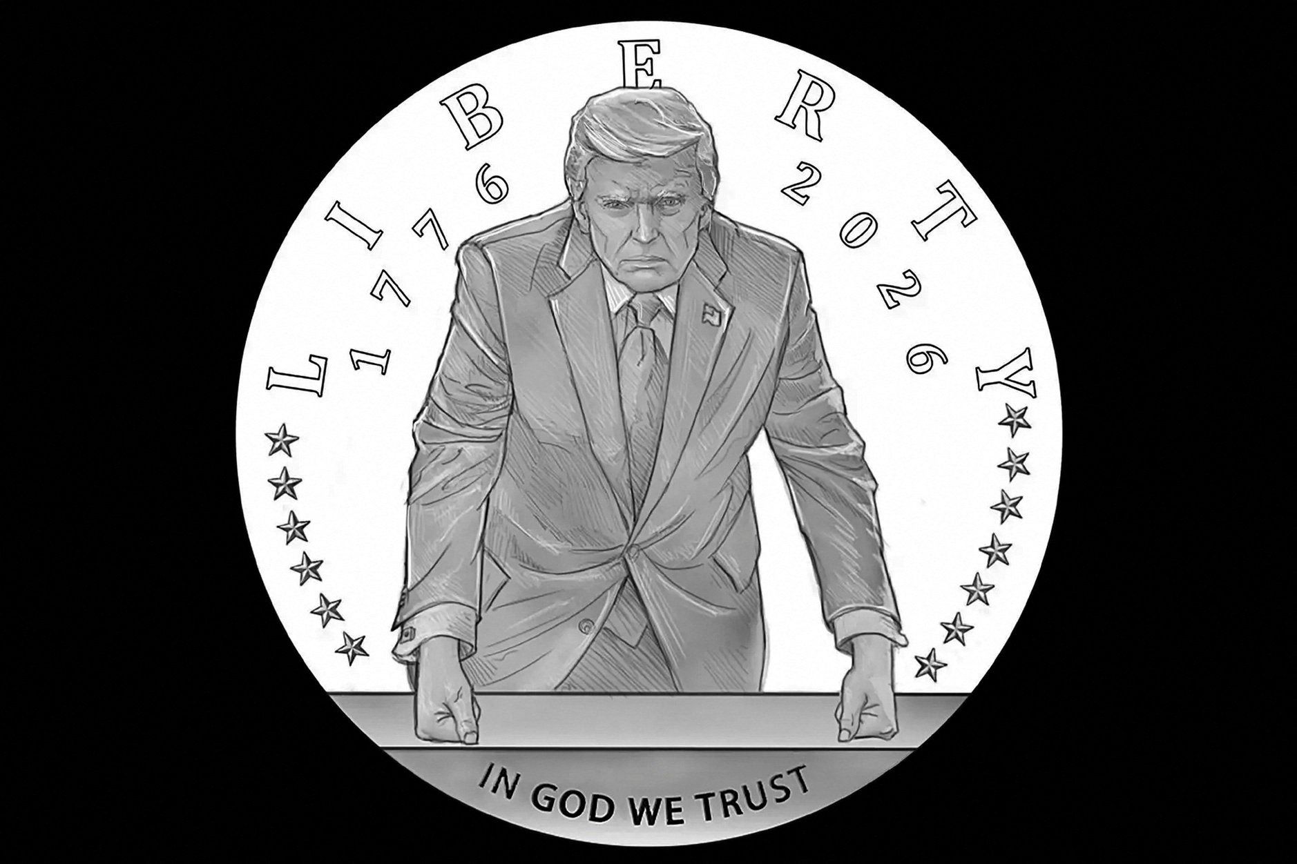 Monochrome illustration of a stern man in a suit leaning on a table inside a circular coin. The edge reads LIBERTY with stars along the sides, and the bottom motto 'IN GOD WE TRUST'.