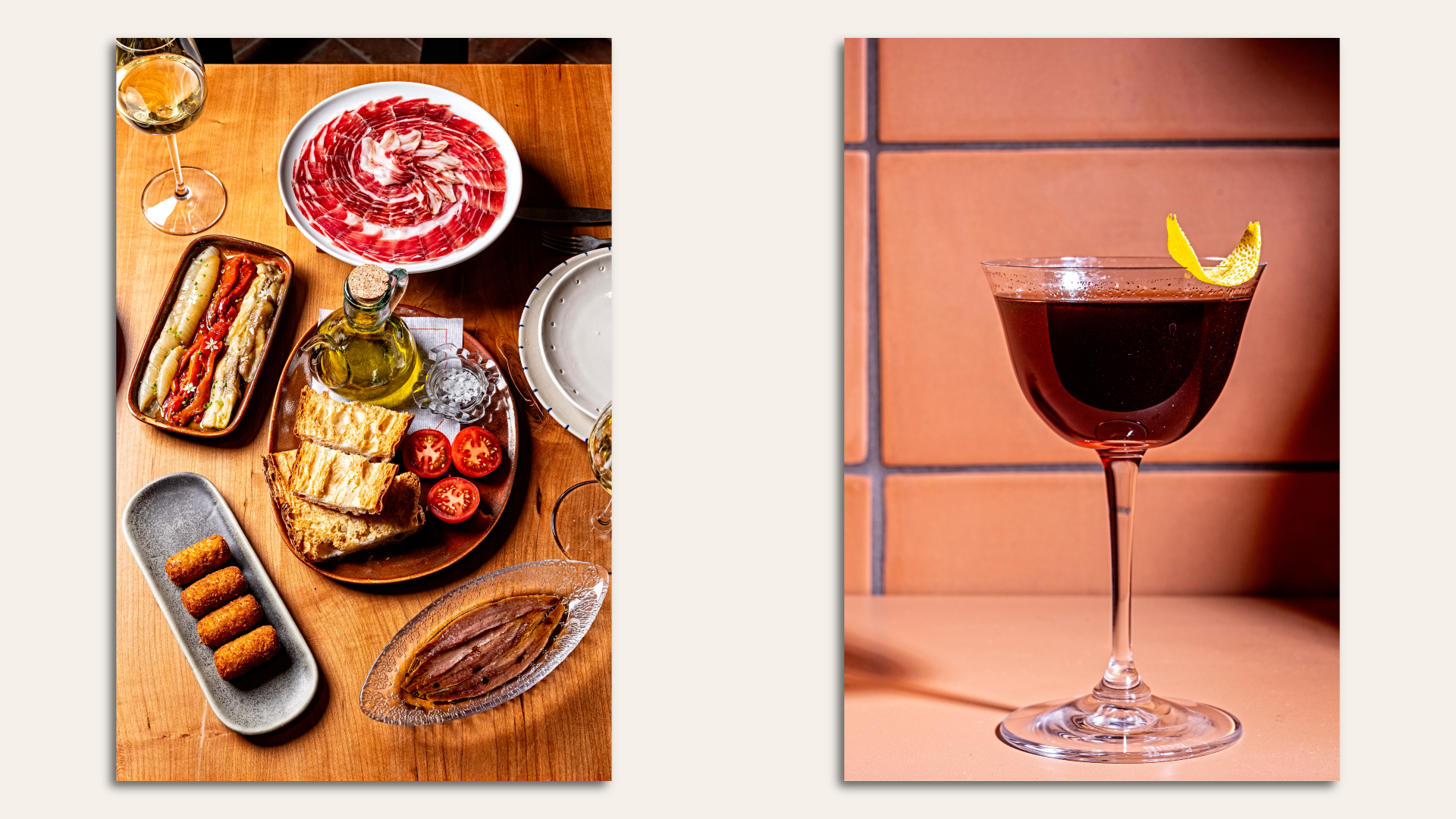 A plate of Spanish tapas (left) and sherry cocktail