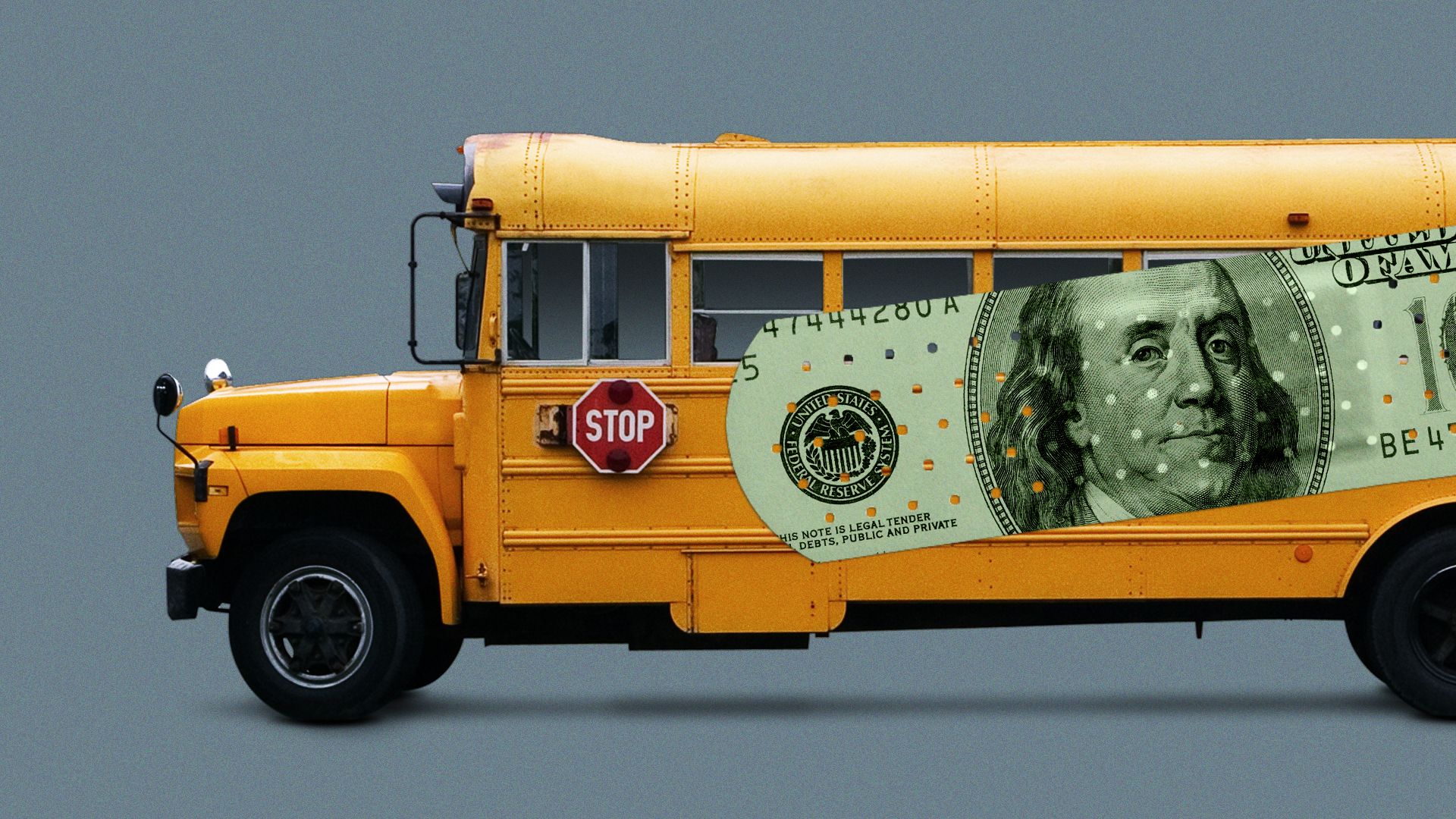 Illustration of a school bus with a money band-aid on it