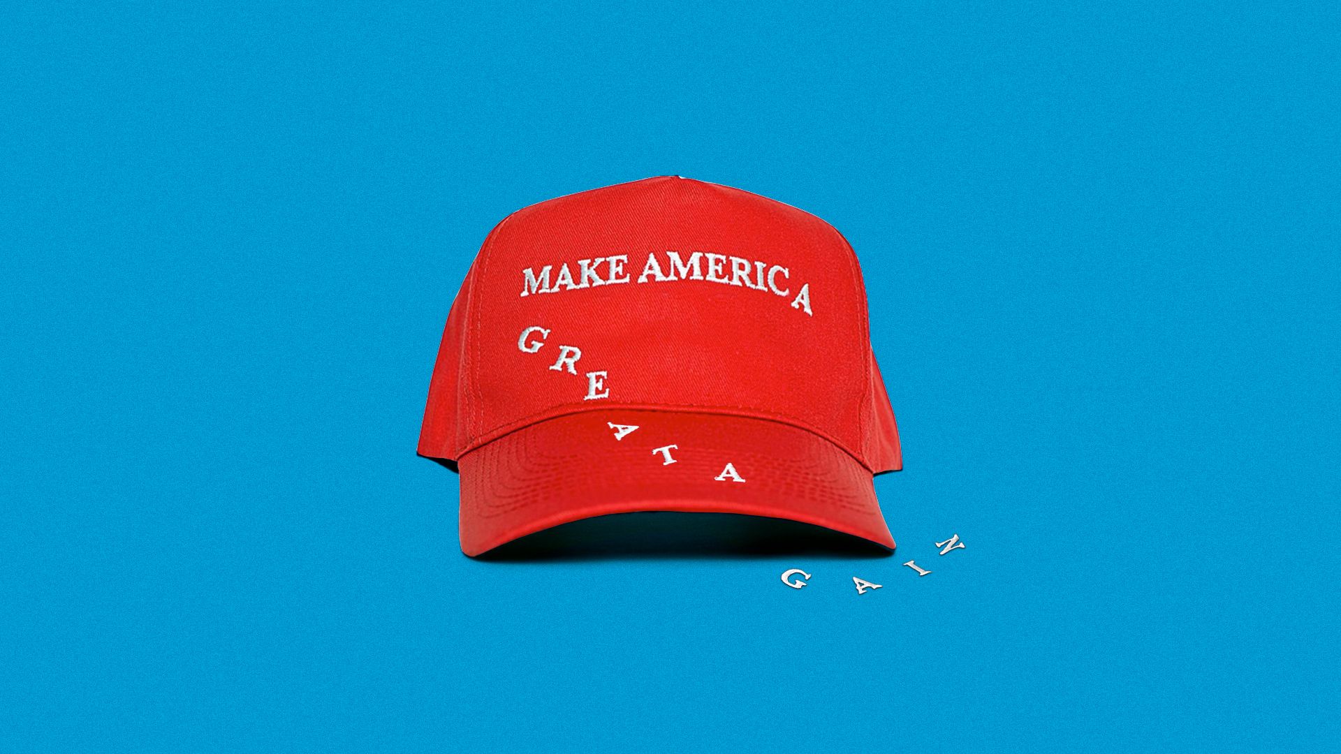 Illustration of a Make America Great Again hat with the letters falling off to the side. 