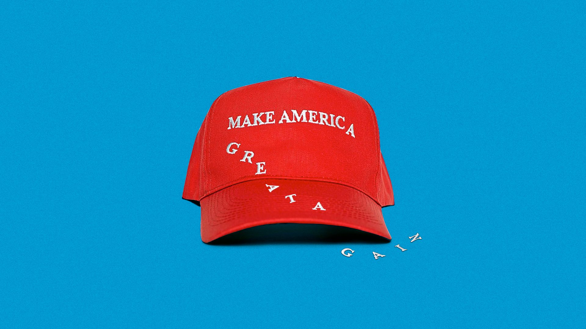 Illustration of a Make America Great Again hat with the letters falling off to the side.