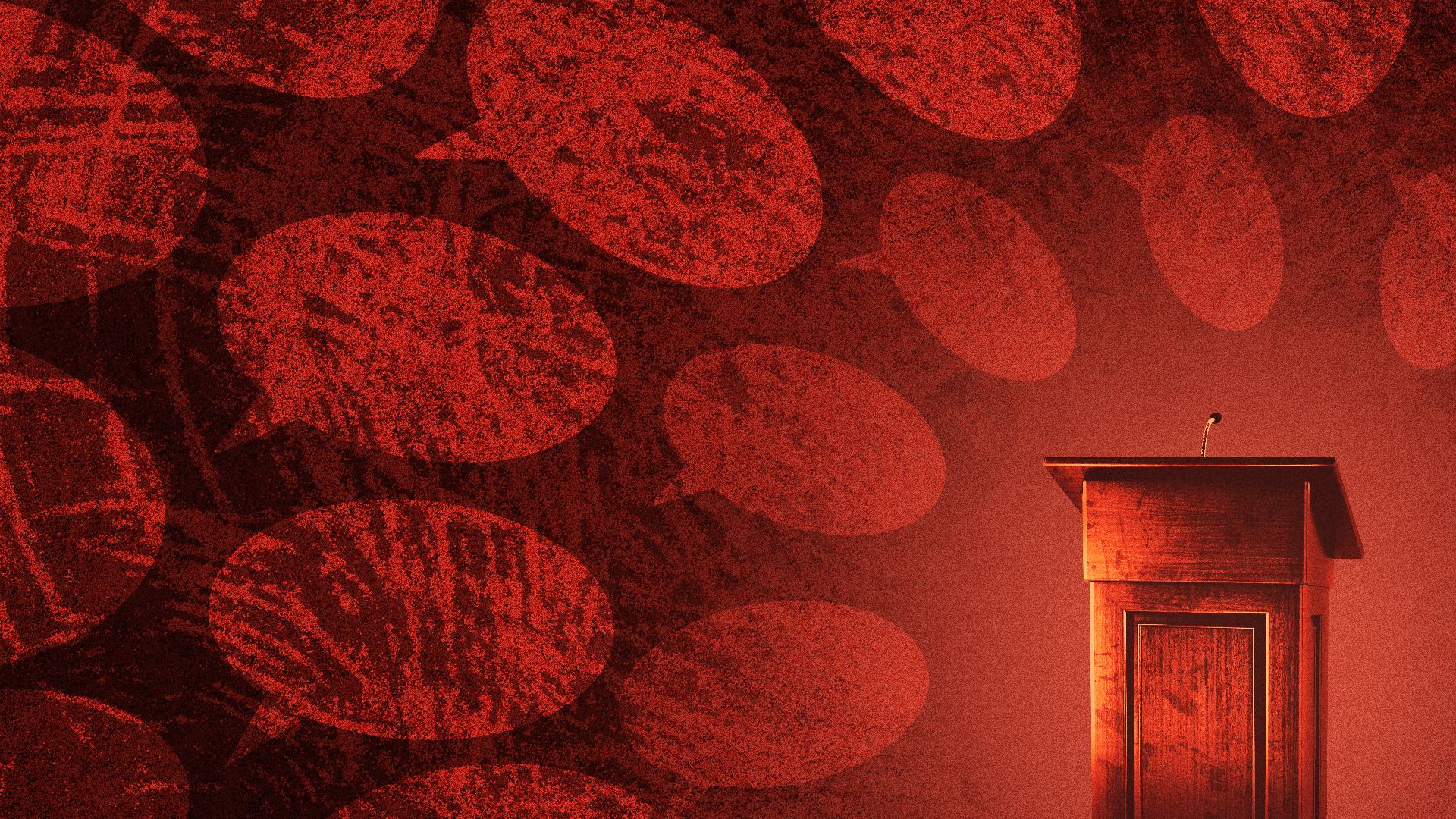 Illustration of a podium surrounded by speech bubbles and rough textures