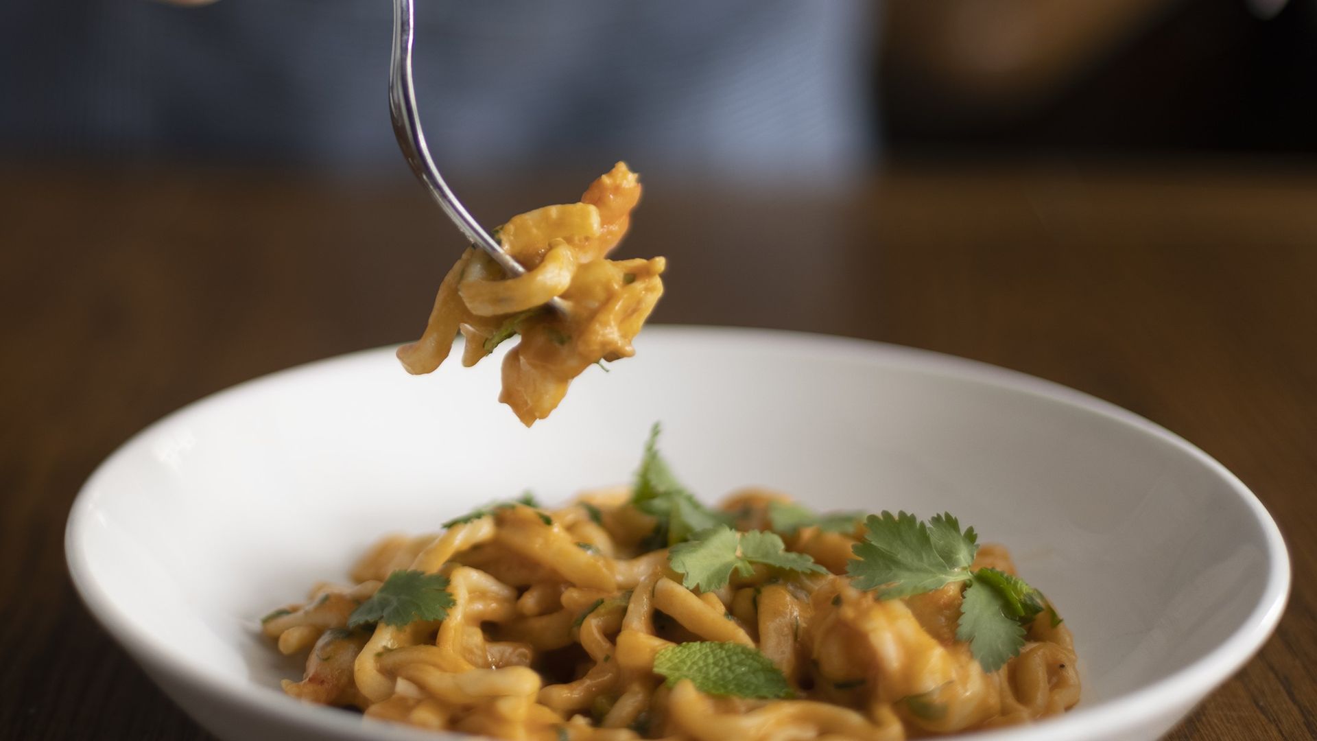 A fork with a swirl of pasta pulls away from a bowl full of it.