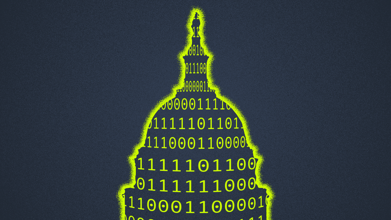 Illustration of a US Capitol dome made out of binary code.