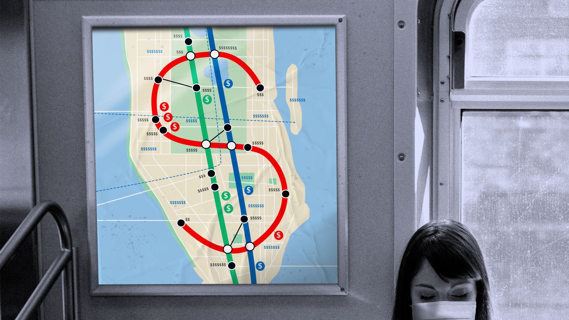 Illustration of the inside of a NYC subway train with a map covered in dollar signs