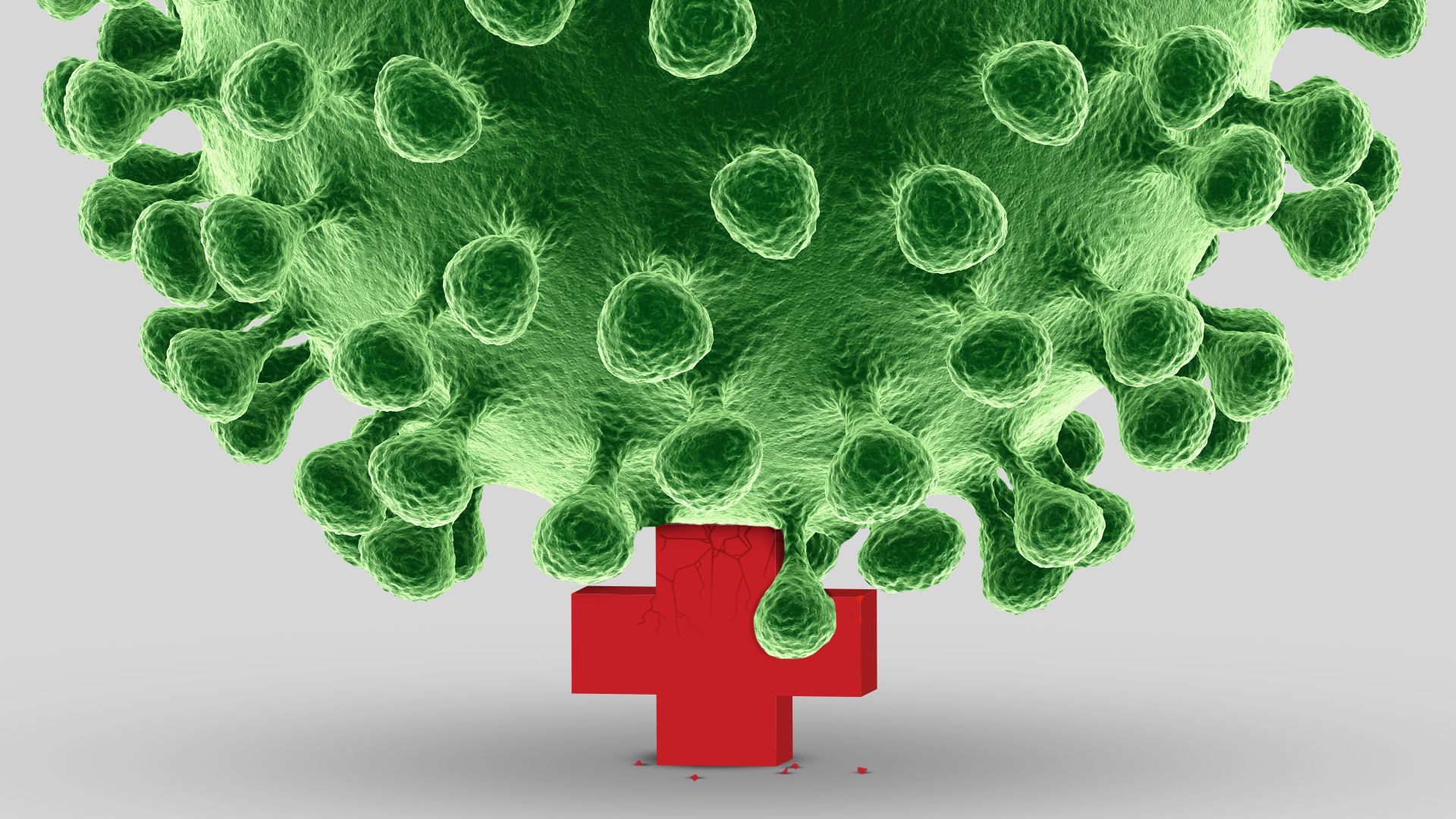 Illustration of a giant virus cell crushing a crumbling red cross.