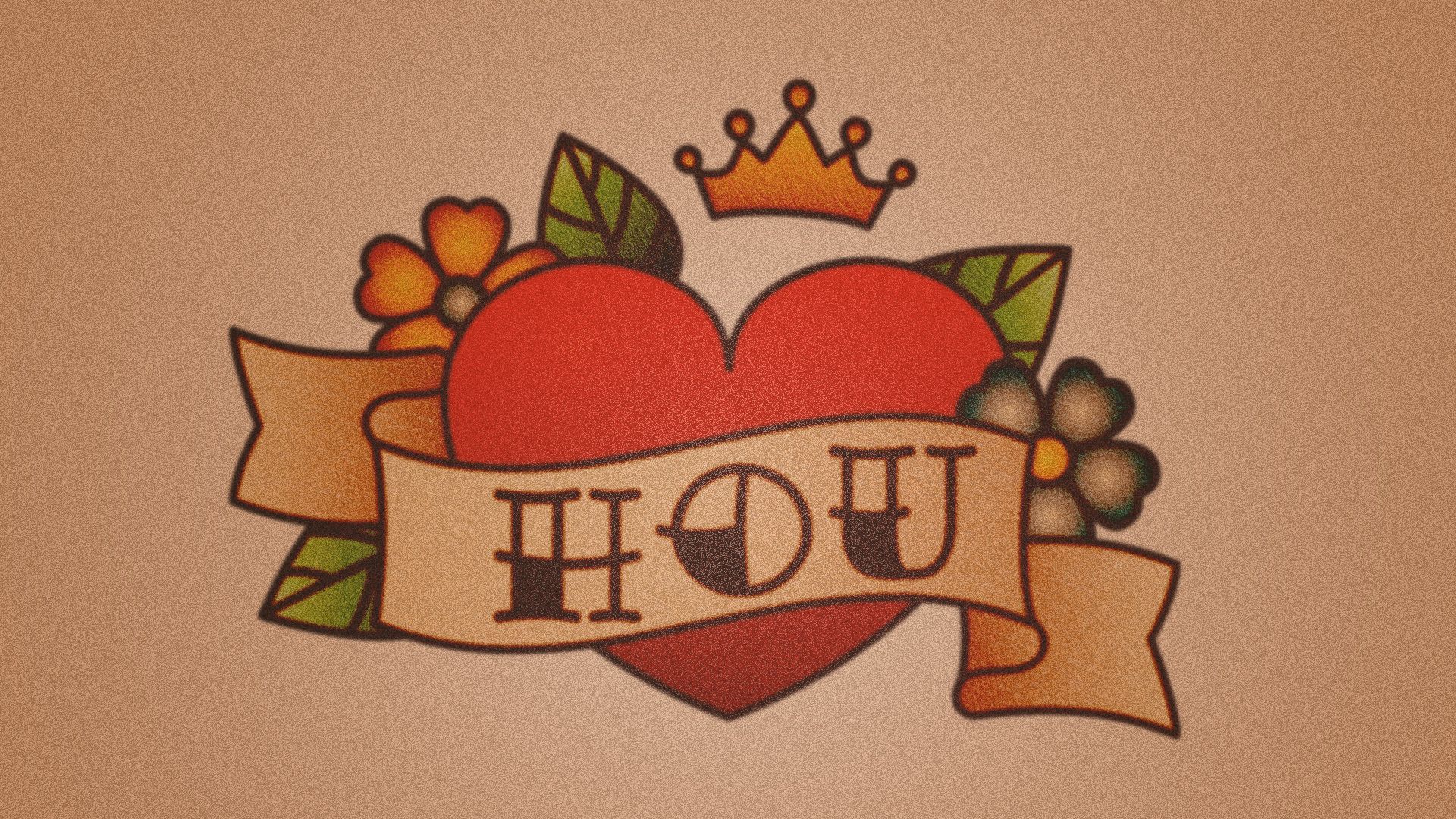 Illustration of a heart shaped tattoo with a scroll that has "HOU" written in the center. 