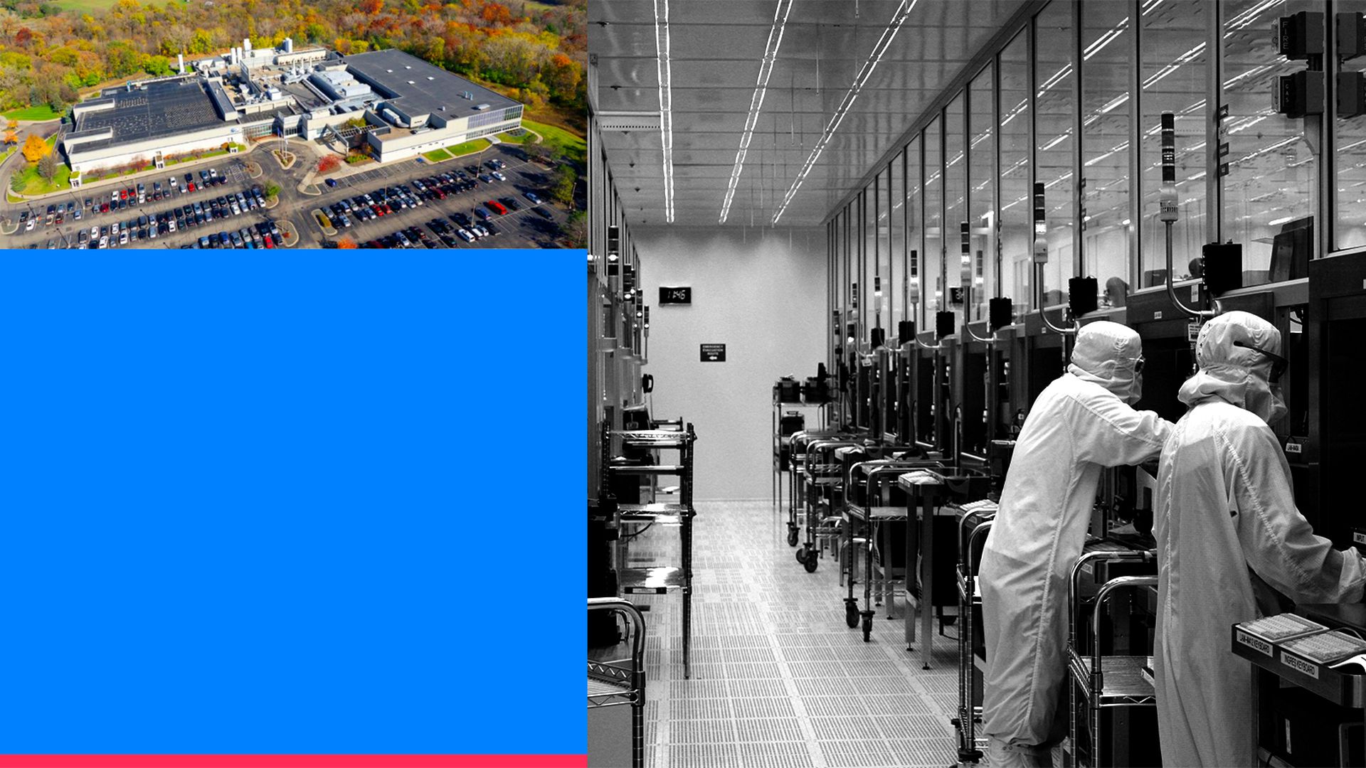 A collage of images of the inside and outside of SkyWater's chipmaking facility