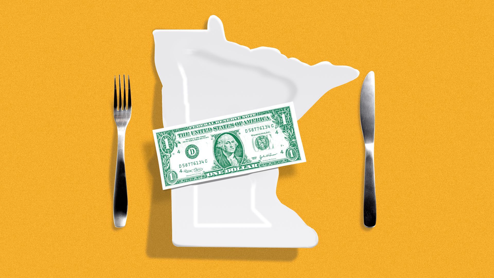 Illustration of a dollar sitting on a plate shaped like the state of Minnesota.