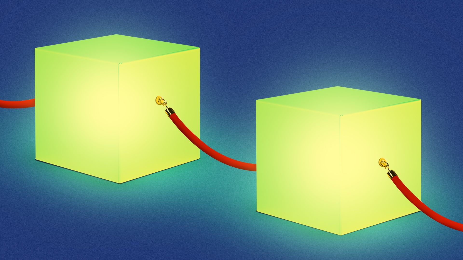 Illustration of glowing blocks connected in a link by velvet rope. 