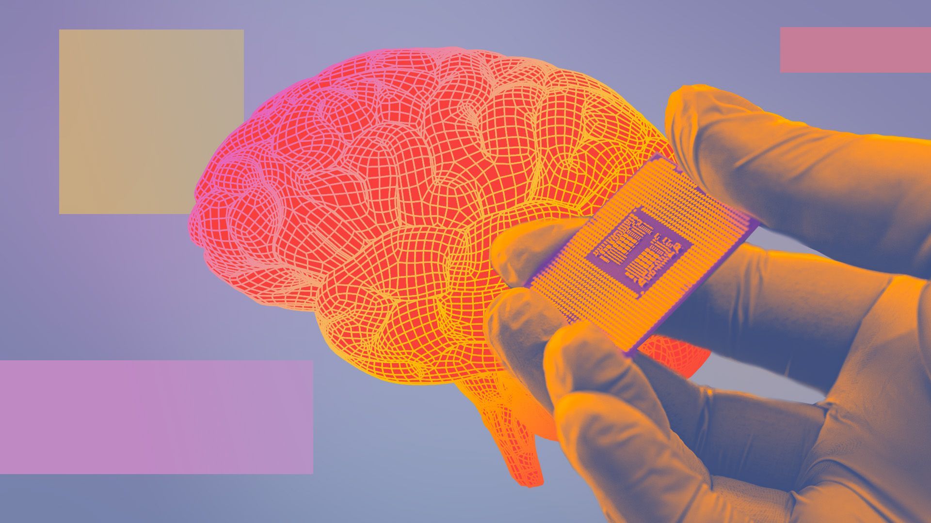 Illustrated collage of a wireframe brain next to a hand holding a microchip surrounded by various rectangles