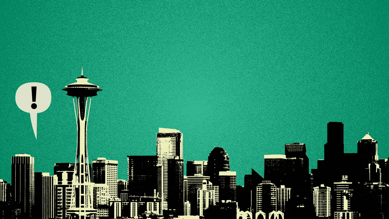 Illustration of the Seattle skyline with word balloons with exclamation points in them popping up from left to right.