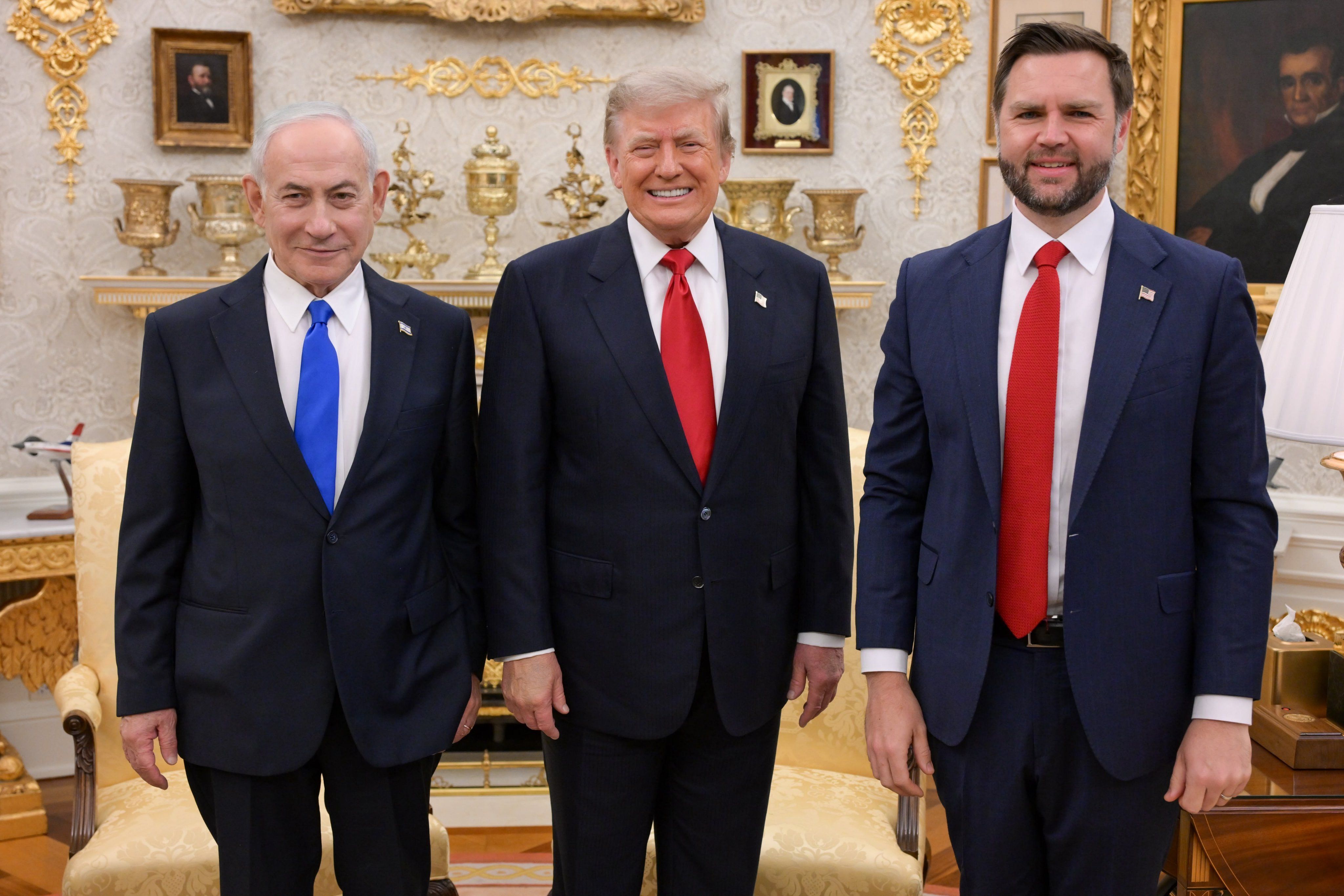 Israeli Prime Minister Benjamin Netanyahu, President Trump and Vice President Vance during an Oval Office meeting on Tuesday.