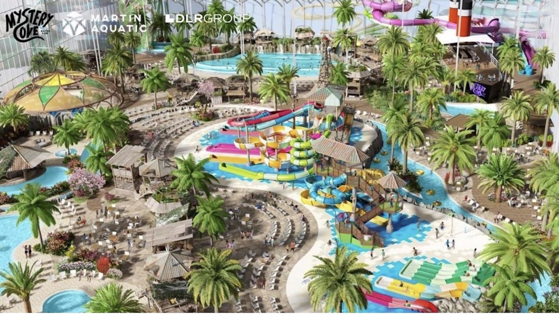 A rendering showing an indoor water park with pools, trees and slides 