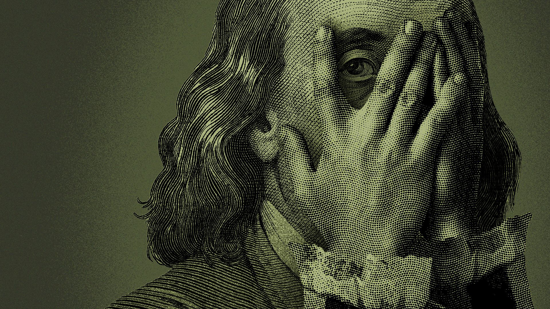 Illustration of Benjamin Franklin with his hand up to his face, looking out through his fingers.