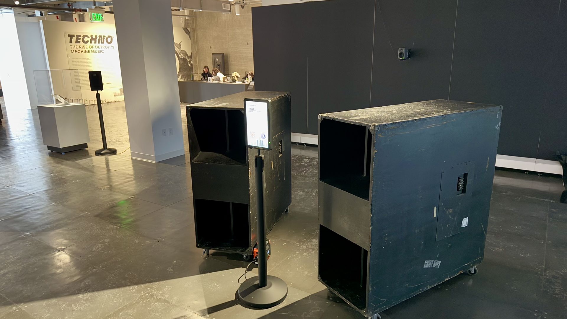 Speakers from a sound system are on display.