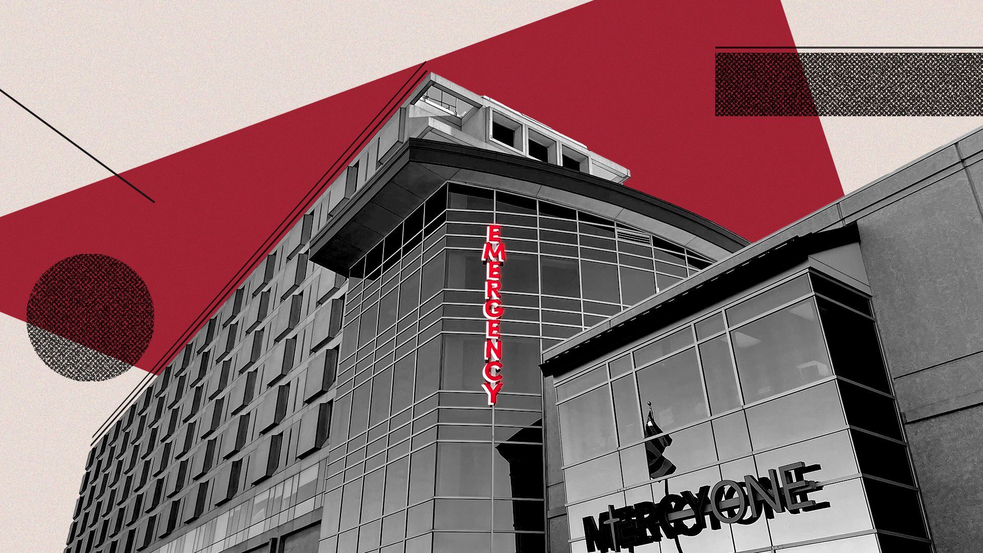 Photo illustration collage of the Des Moines Mercy Hospital ER.