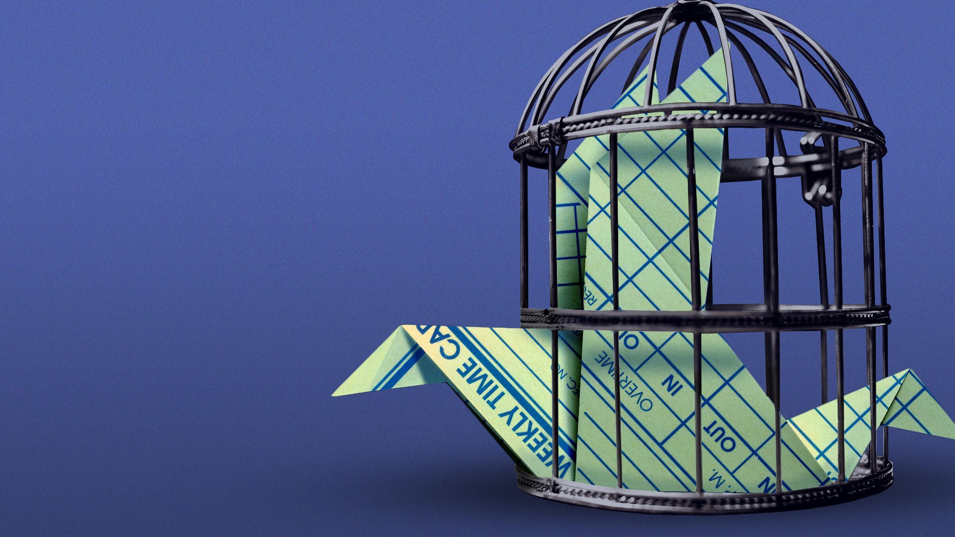 Illustration of a caged origami bird folded from a weekly time card