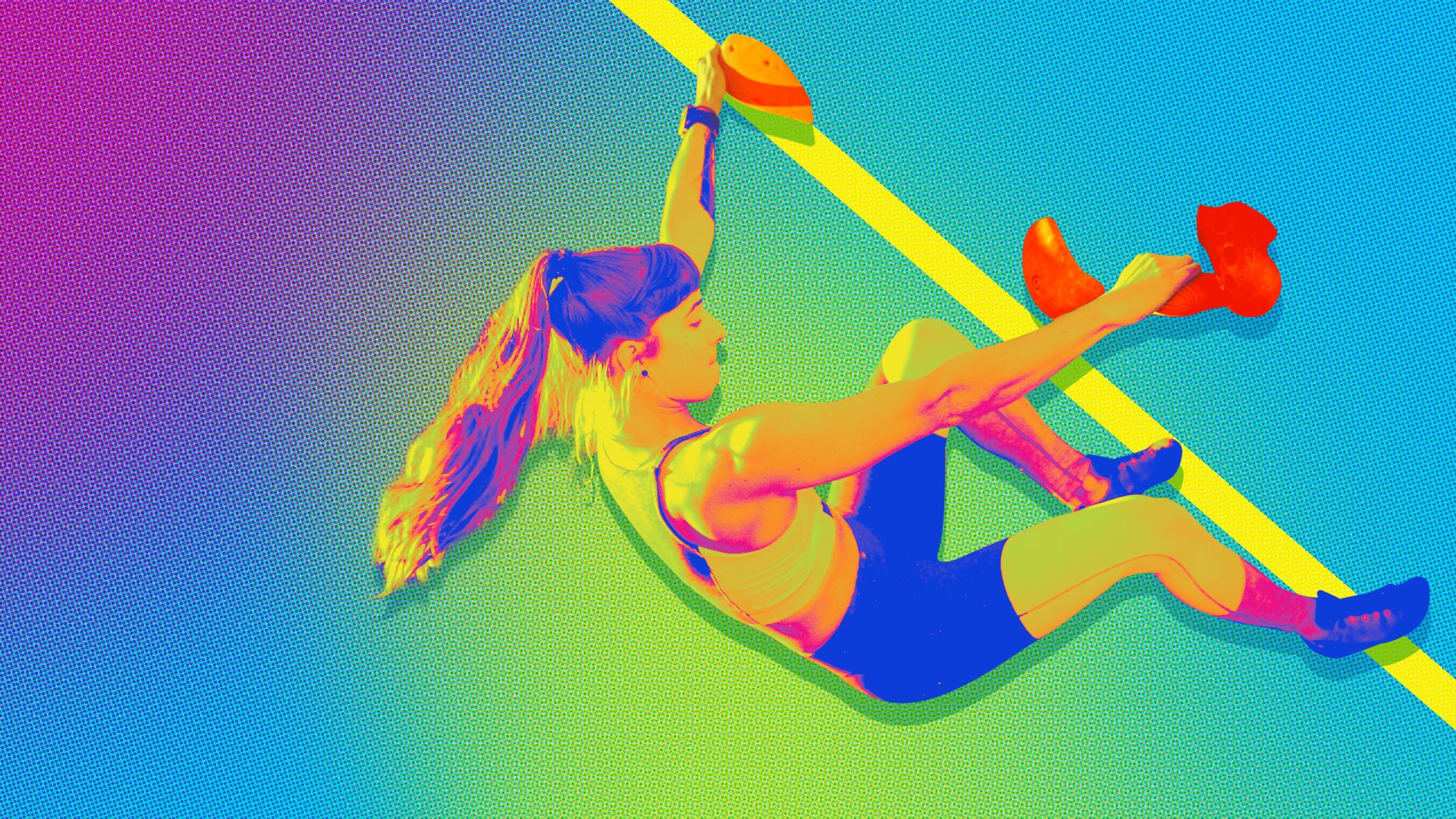 Illustration of a woman bouldering on a colorful gradient background.