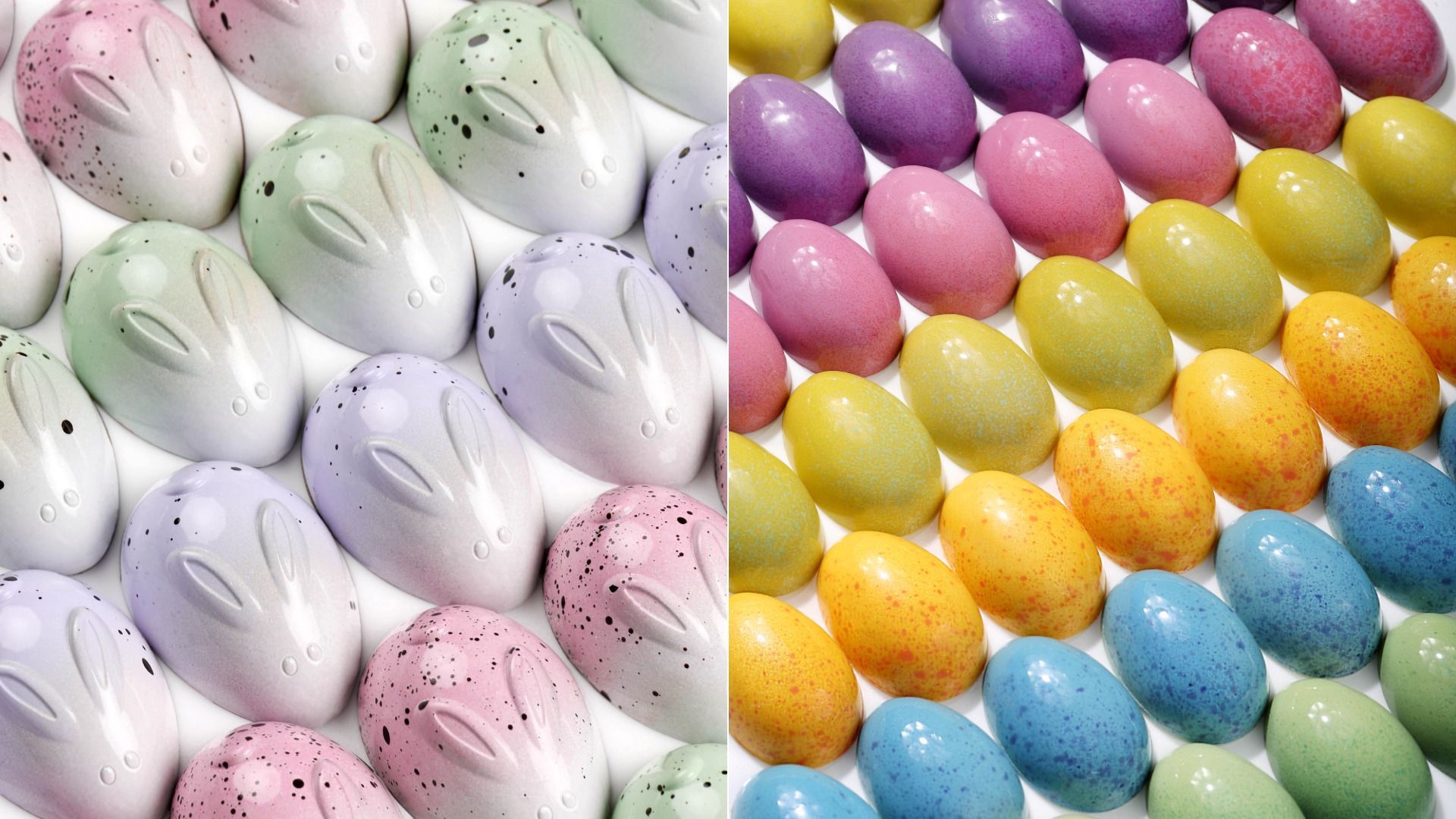 Split image of Easter eggs: left panel shows speckled pastel eggs in white, pink, green and lavender; right panel shows bright glossy eggs in purple, pink, yellow, orange, blue and green.